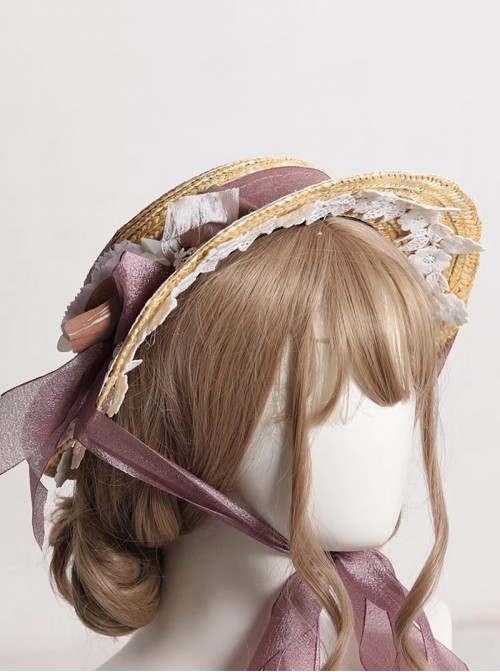 Summer Spring Classic Lolita Vintage Elegant Lady Lace Ribbon Flower Straw Flat Cap