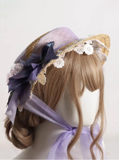 Summer Spring Classic Lolita Vintage Elegant Lady Lace Ribbon Flower Straw Flat Cap