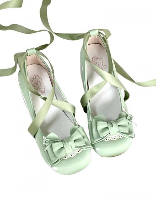 Ballet Meow Series Sweet Lolita Silk Ribbon Bowknot Cute Round Toe Mid Heel Mary Jane Shoes