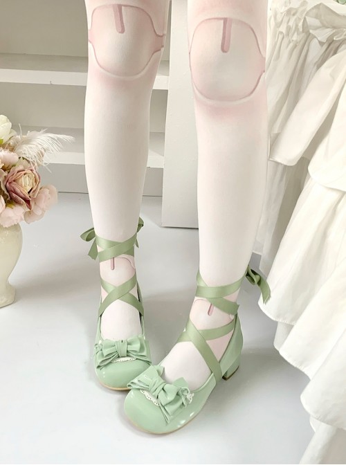 Ballet Meow Series Sweet Lolita Silk Ribbon Bowknot Cute Round Toe Mid Heel Mary Jane Shoes