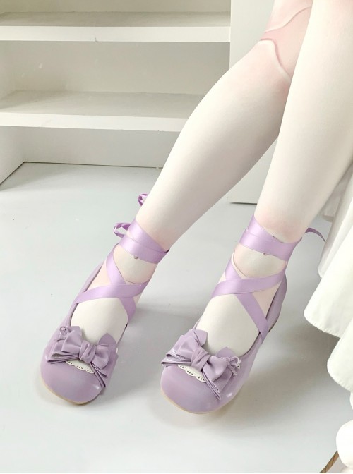 Ballet Meow Series Sweet Lolita Silk Ribbon Bowknot Cute Round Toe Mid Heel Mary Jane Shoes