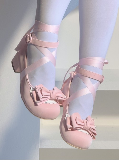 Ballet Meow Series Sweet Lolita Silk Ribbon Bowknot Cute Round Toe Mid Heel Mary Jane Shoes