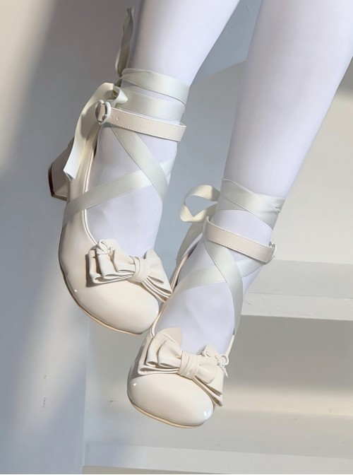 Ballet Meow Series Sweet Lolita Silk Ribbon Bowknot Cute Round Toe Mid Heel Mary Jane Shoes