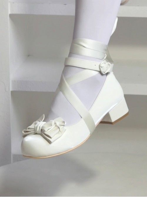 Ballet Meow Series Sweet Lolita Silk Ribbon Bowknot Cute Round Toe Mid Heel Mary Jane Shoes