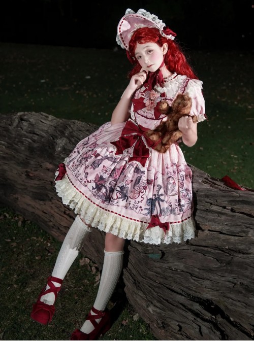 Cat Gathering Series Sweet Lolita Pink Eccentric Strange Illustration Puffy Sleeve Lace Dress