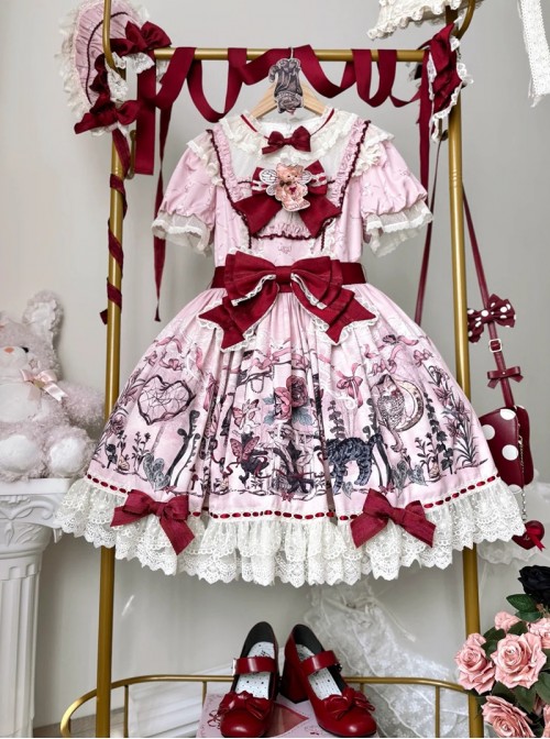 Cat Gathering Series Sweet Lolita Pink Eccentric Strange Illustration Puffy Sleeve Lace Dress