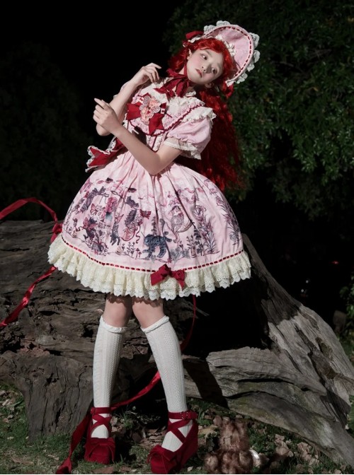 Cat Gathering Series Sweet Lolita Pink Eccentric Strange Illustration Puffy Sleeve Lace Dress