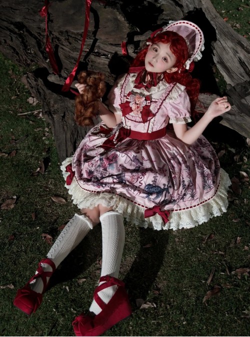 Cat Gathering Series Sweet Lolita Pink Eccentric Strange Illustration Puffy Sleeve Lace Dress