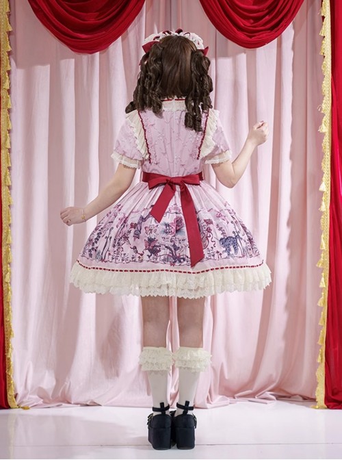 Cat Gathering Series Sweet Lolita Pink Eccentric Strange Illustration Puffy Sleeve Lace Dress
