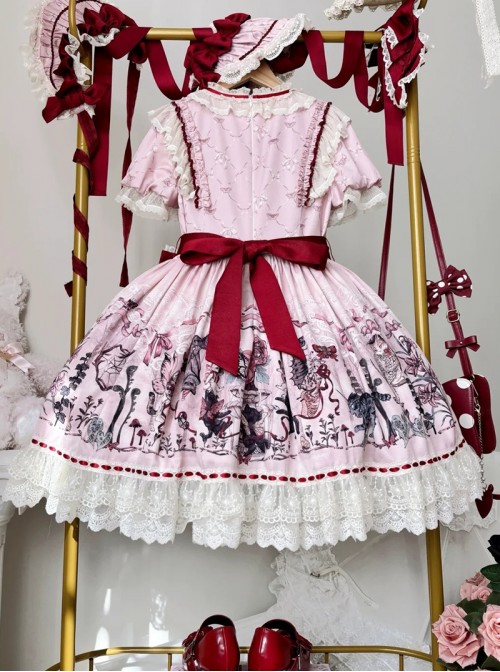 Cat Gathering Series Sweet Lolita Pink Eccentric Strange Illustration Puffy Sleeve Lace Dress