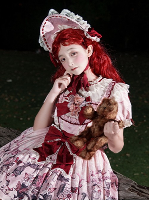 Cat Gathering Series Sweet Lolita Red Elegant Gorgeous Bowknot Pleated Lace Bonnet
