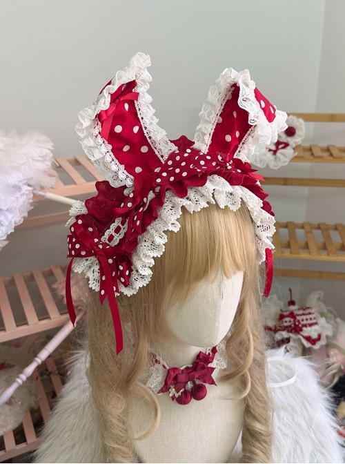 Sweet Lolita Cute Fairy Tale Style Red Polka Dot 3D Bunny Ear Lace Bow Headband