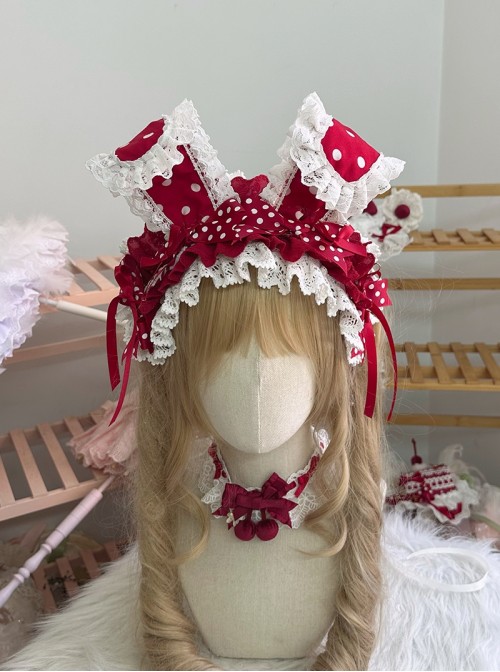 Sweet Lolita Cute Fairy Tale Style Red Polka Dot 3D Bunny Ear Lace Bow Headband