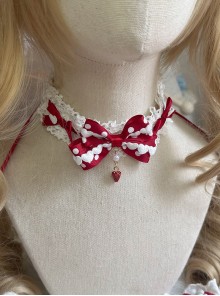 Fairy Tale Style Sweet Lolita Cute Red Polka Dot Bowknot Pearl Lace Strawberry Pendant Choker