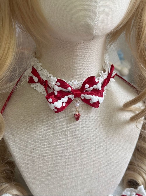 Fairy Tale Style Sweet Lolita Cute Red Polka Dot Bowknot Pearl Lace Strawberry Pendant Choker