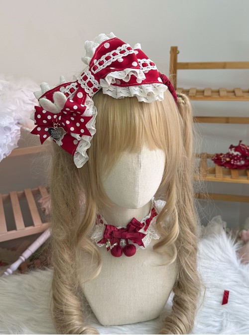 Gorgeous Fairy Tale Sweet Lolita Cute Red Polka Dot Lace Bowknot Heart Bunny Ear Decorative Headband