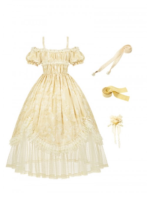 Falling Petals Series Classic Lolita Elegant Light Yellow Off Shoulder Chiffon Square Neck Long Dress