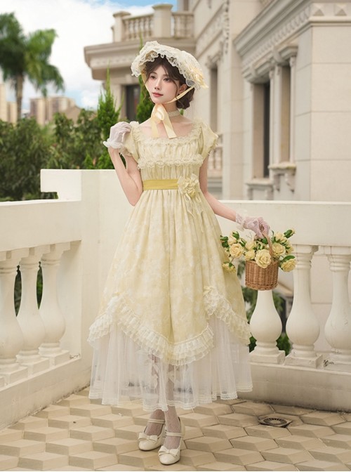 Falling Petals Series Classic Lolita Elegant Light Yellow Off Shoulder Chiffon Square Neck Long Dress