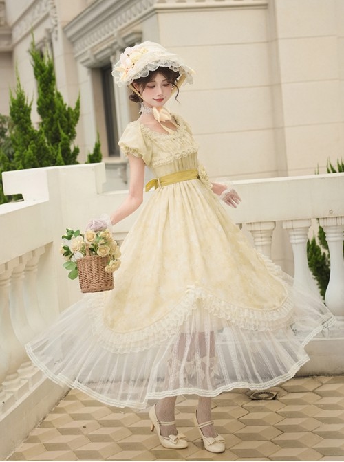 Falling Petals Series Classic Lolita Elegant Light Yellow Off Shoulder Chiffon Square Neck Long Dress