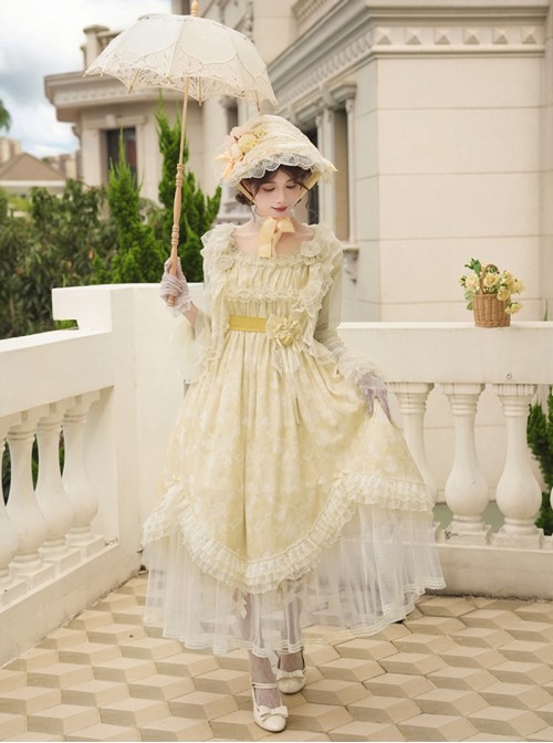 Falling Petals Series Classic Lolita Elegant Light Yellow Off Shoulder Chiffon Square Neck Long Dress
