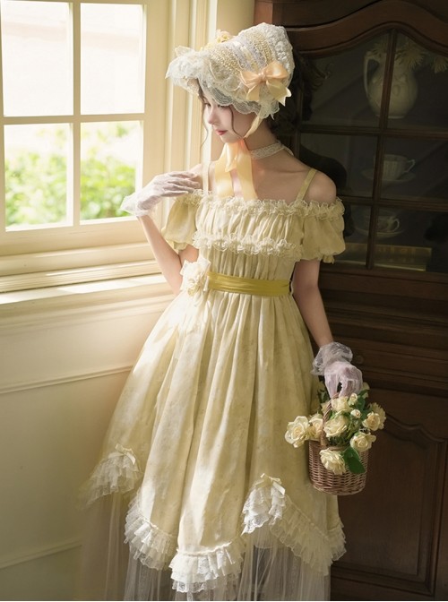 Falling Petals Series Classic Lolita Elegant Light Yellow Off Shoulder Chiffon Square Neck Long Dress