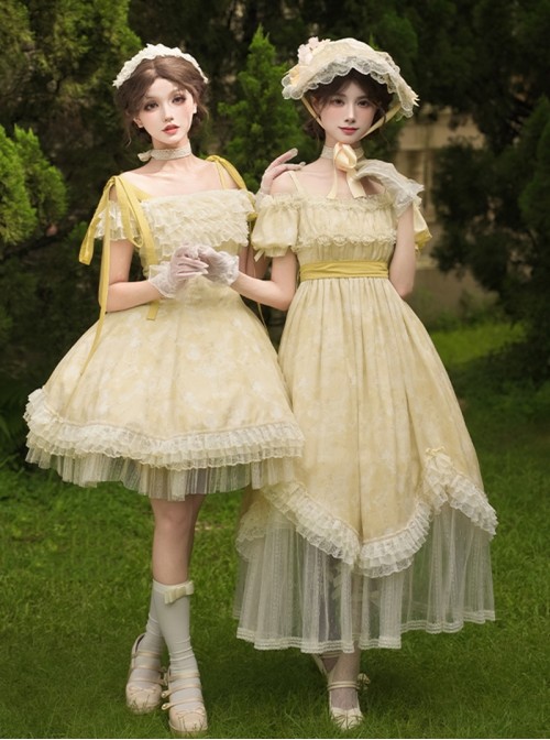 Falling Petals Series Classic Lolita Elegant Light Yellow Off Shoulder Chiffon Square Neck Long Dress