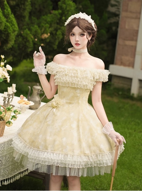 Falling Petals Series Classic Lolita Elegant Ballet Bright Yellow Satin Shoulder Strap Short Dress