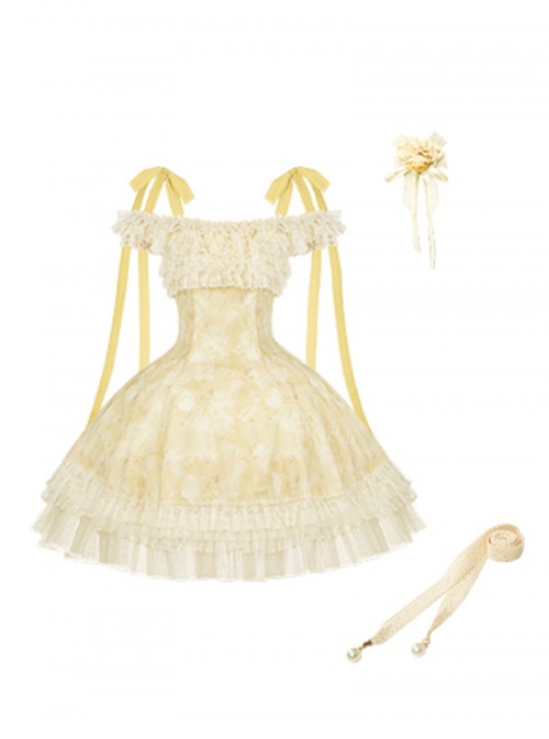 Falling Petals Series Classic Lolita Elegant Ballet Bright Yellow Satin Shoulder Strap Short Dress