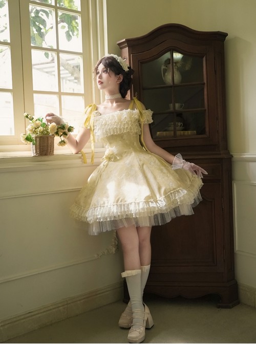 Falling Petals Series Classic Lolita Elegant Ballet Bright Yellow Satin Shoulder Strap Short Dress