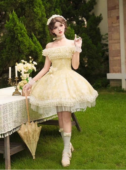 Falling Petals Series Classic Lolita Elegant Ballet Bright Yellow Satin Shoulder Strap Short Dress