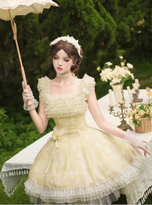 Falling Petals Series Classic Lolita Elegant Ballet Bright Yellow Satin Shoulder Strap Short Dress