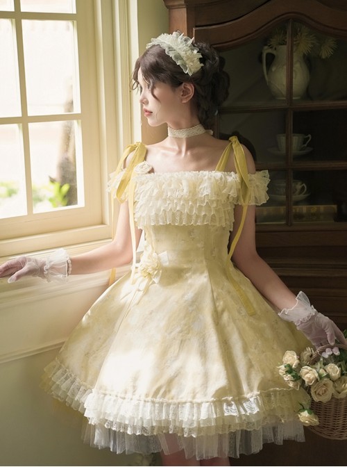 Falling Petals Series Classic Lolita Elegant Ballet Bright Yellow Satin Shoulder Strap Short Dress