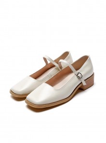 Classic Lolita Elegant Daily Commute Square Toe Layered Cowhide Mary Jane Mid Heel Shoes