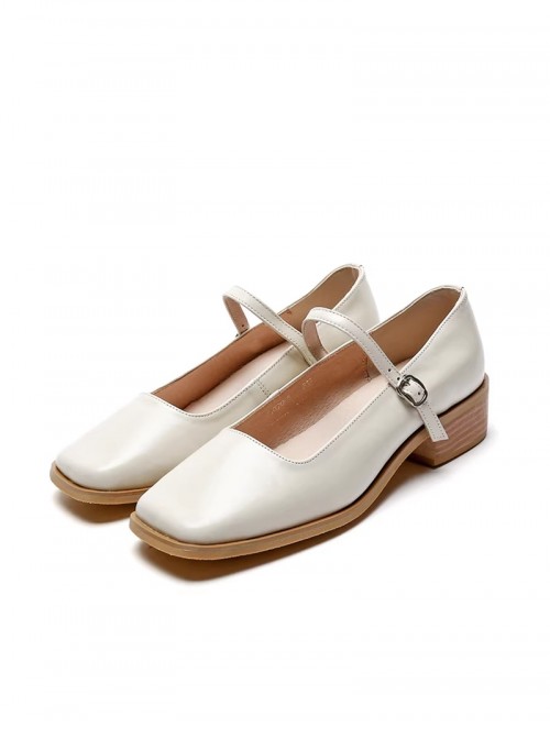 Classic Lolita Elegant Daily Commute Square Toe Layered Cowhide Mary Jane Mid Heel Shoes