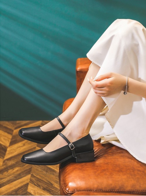 Classic Lolita Elegant Daily Commute Square Toe Layered Cowhide Mary Jane Mid Heel Shoes