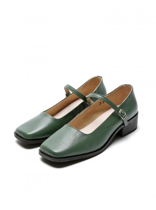 Classic Lolita Elegant Daily Commute Square Toe Layered Cowhide Mary Jane Mid Heel Shoes