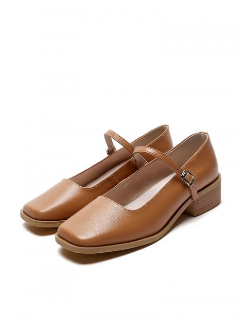Classic Lolita Elegant Daily Commute Square Toe Layered Cowhide Mary Jane Mid Heel Shoes