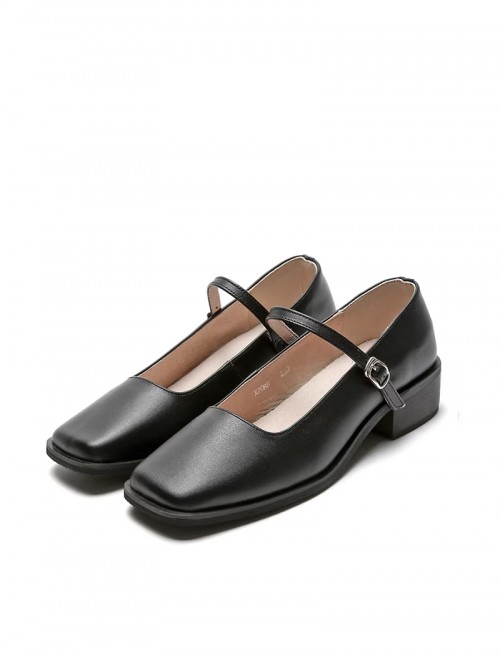 Classic Lolita Elegant Daily Commute Square Toe Layered Cowhide Mary Jane Mid Heel Shoes
