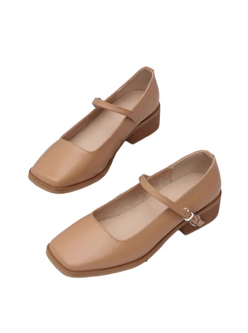 Classic Lolita Elegant Daily Commute Square Toe Layered Cowhide Mary Jane Mid Heel Shoes