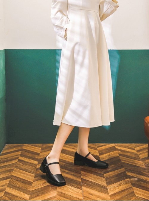 Classic Lolita Elegant Daily Commute Square Toe Layered Cowhide Mary Jane Mid Heel Shoes