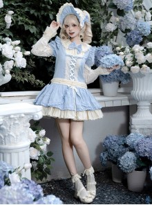 Coastal Wind Chime Series Sweet Lolita Fairy Tale Blue Cute Puffy Sleeve Short Dress Bowknot Bonnet Set