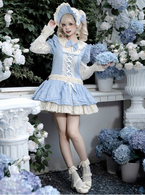Coastal Wind Chime Series Sweet Lolita Fairy Tale Blue Cute Puffy Sleeve Short Dress Bowknot Bonnet Set