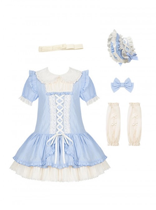 Coastal Wind Chime Series Sweet Lolita Fairy Tale Blue Cute Puffy Sleeve Short Dress Bowknot Bonnet Set