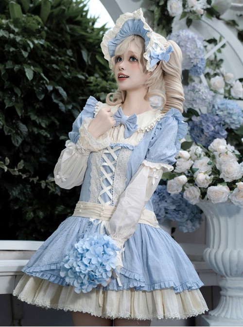 Coastal Wind Chime Series Sweet Lolita Fairy Tale Blue Cute Puffy Sleeve Short Dress Bowknot Bonnet Set