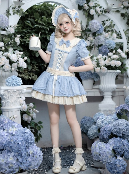 Coastal Wind Chime Series Sweet Lolita Fairy Tale Blue Cute Puffy Sleeve Short Dress Bowknot Bonnet Set