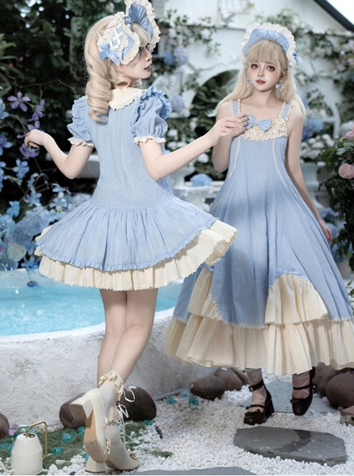 Coastal Wind Chime Series Sweet Lolita Fairy Tale Blue Cute Puffy Sleeve Short Dress Bowknot Bonnet Set