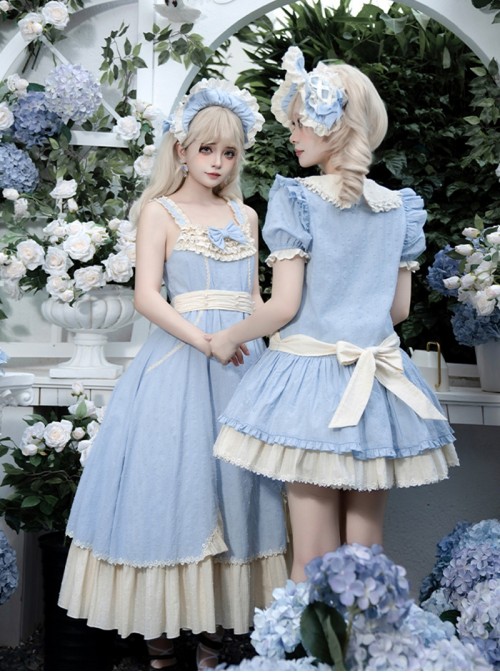 Coastal Wind Chime Series Sweet Lolita Fairy Tale Blue Cute Puffy Sleeve Short Dress Bowknot Bonnet Set