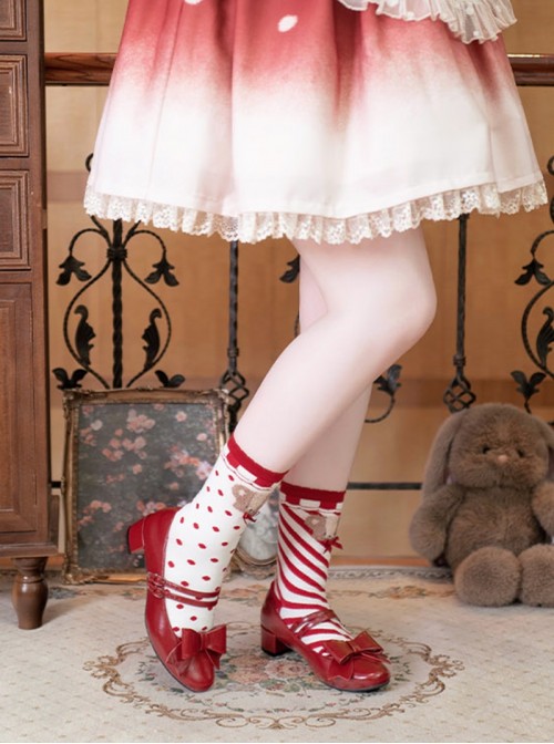 Apple Sugar Series Sweet Lolita Fairy Tale Cute Lovely Bow Small Round Sharp Head Textured Leather Mary Jane Shoes