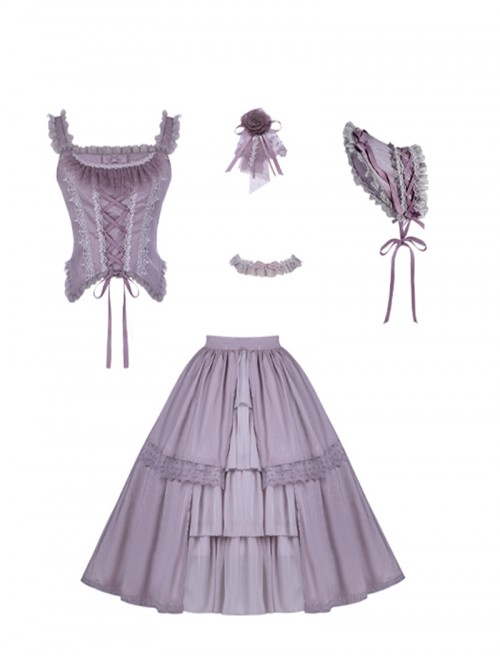 Finale Rose Series Classic Lolita Elegant Purple Long Sleeveless Bodice Long Skirt Choker Brooch BNT Set