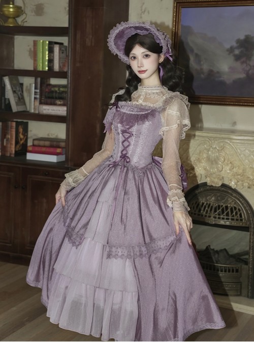 Finale Rose Series Classic Lolita Elegant Purple Long Sleeveless Bodice Long Skirt Choker Brooch BNT Set